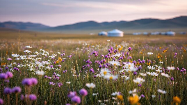 Wildflowers in Mongolian grassland with nomadic ger and distant mountains
