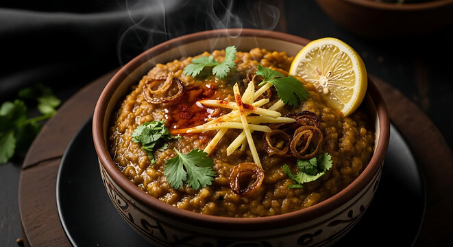 Dal tadka served in a traditional clay bowl is topped with fresh lemon and aromatic coriander leaves.