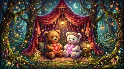 Fototapeta premium Two cute teddy bears sitting on blanket in magical enchanted forest holding glowing hearts under ornate canopy with fairy lights and mushrooms in whimsical fantasy style