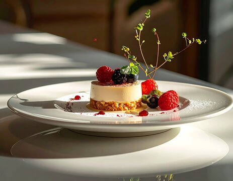 A small dessert with a creamy top and berry garnish on a white plate