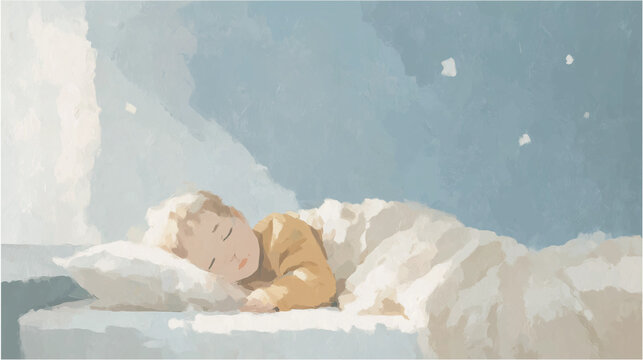 An oil painting of a child sleeping peacefully under the covers / 布団の中で気持ち良さそうに眠る子供の油彩イラスト