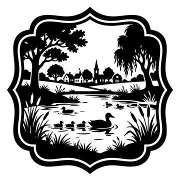 Black and White Paper-Cut Style Rural Landscape with Duck Pond and Village