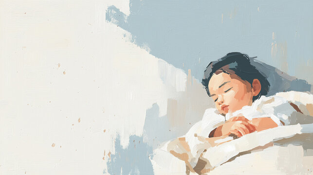 An oil painting of a child sleeping peacefully under the covers / 布団の中で気持ち良さそうに眠る子供の油彩イラスト