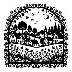 Obraz premium Folk Art Papercut Silhouette of a Peaceful Village Under a Night Sky