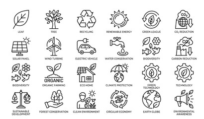 Ecology Line Icon Pack with Renewable Energy Recycling and Environmental Sustainability Symbols © Tul