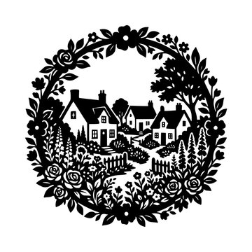 Traditional paper-cut style village scene illustration inside a floral circular frame