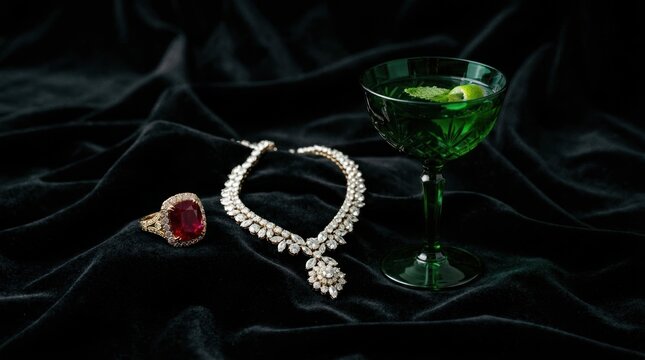 Elegant pearl necklace with red gemstone pendant and green cocktail glass on black fabric background.