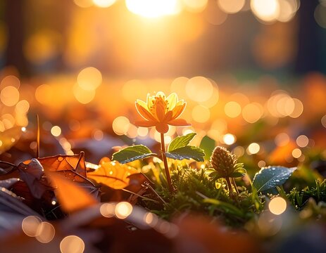 A small flower blooms among autumn leaves in warm sunlight