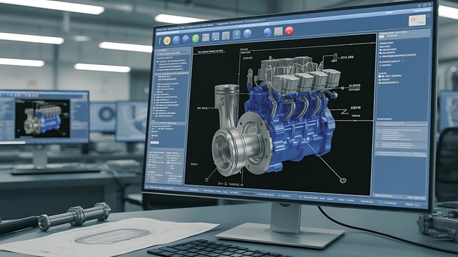 Engineering designer design 3D CAD software program Industrial engine model mechanical dimensional digital manufacturing factory engineer computer screen. 3d rendering. 