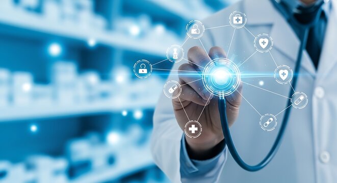 Doctor using stethoscope to connect glowing medical technology network icons in pharmacy