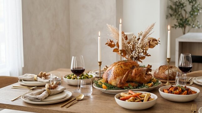 Roasted thanksgiving turkey dinner table setting with candles and sides