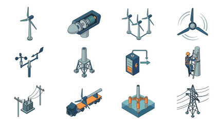 Fototapeta premium Wind Energy Icons Set Isometric 3D: Turbines, Power Lines, Equipment