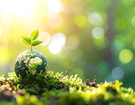 A small globe with a plant growing from it on mossy ground
