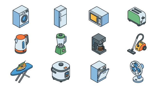 Isometric Household Appliances Icons Set: Washing Machine, Fridge, Microwave, Toaster, Kettle