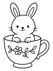 Fototapeta premium Cute Bunny in Teacup Illustration: An adorable, hand-drawn illustration of a whimsical bunny peeking out from a decorated teacup, perfect for adding a touch of charm to your designs.