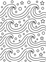 Fototapeta premium Stylized Ocean Waves and Stars: A whimsical, hand-drawn illustration depicting stylized ocean waves interspersed with circles and stars, offering a clean and graphic representation of a marine theme.