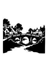 Obraz premium Black and White Illustration of a Quaint Village Scene with Arched Bridge and Cottages
