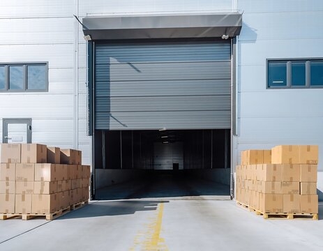 Warehouse Loading Dock with Cardboard Boxes Ready for Shipment.