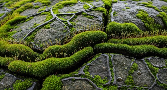 Vibrant green moss growing in the crevices of dark, textured stone pavement