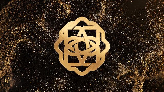 Elegant golden geometric ornament symbol on luxurious dark background with floating sparkling dust particles