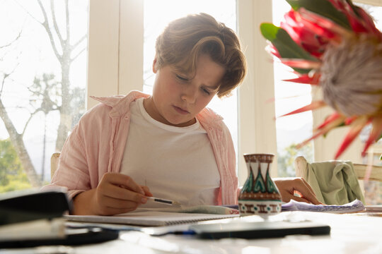 pre teen boy sitting at table doing homework