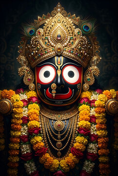Majestic golden crowned idol surrounded by vibrant fresh red and yellow roses highlighting spiritual devotion during holy ratha yatra and auspicious jagannath ratha yatra puja