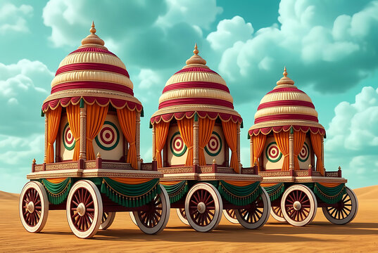 A flat vector banner design displaying three traditional chariots and musicians playing drums during the colorful festival celebration of ratha yatra