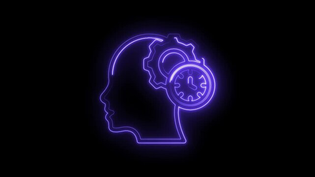 Neon purple outline human head profile with internal gear and clock symbolizing time icon