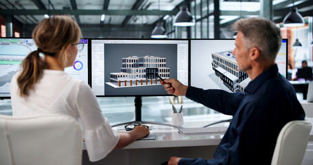 Fototapeta premium Two Engineers Discuss 3D Building Plans Using BIM Software
