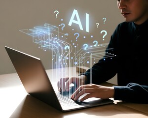 Fototapeta premium Man Working on Laptop with AI Questions Floating Above