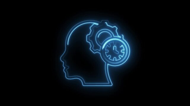 Glowing blue neon outline of human head profile with internal gear and clock symbolizing icon