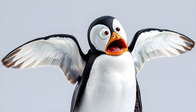 A comical full-body shot of an adorable penguin opening its mouth in shock or panic, waving its flippers wildly in the air, set against a solid grey background.