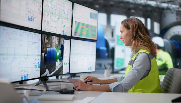 Experienced Female Engineer Monitors Multiple Screens