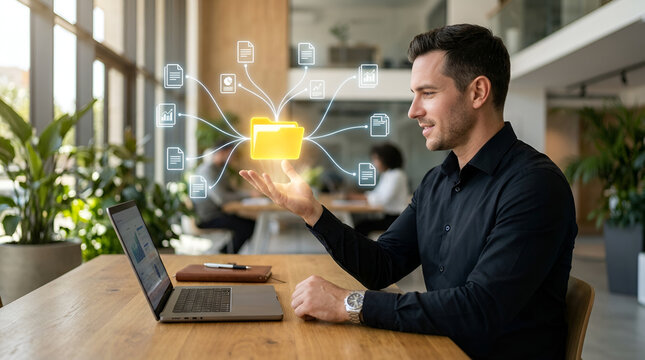 Businessman at a wooden desk with a laptop interacting with a glowing holographic file folder and floating document icons in a modern, bright office environment with indoor plants.