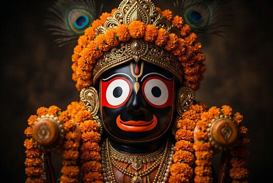 Stunning portrait of black deity statue decorated with bright orange marigold flowers and peacock feathers for celebrating ratha yatra and traditional jagannath ratha yatra puja