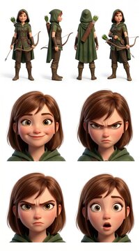 Forest Ranger Archer Character Sheet Turnaround Front Back Side Expressions 3D

