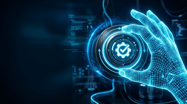 Digital wireframe hand interacting with a circular interface featuring a gear and checkmark icon, representing quality assurance, automation, and software testing in a laboratory.