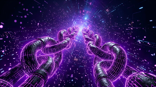 Abstract 3D render of glowing purple wireframe chains extending through a dark digital tunnel with data particles, representing blockchain technology and secure network connectivity.