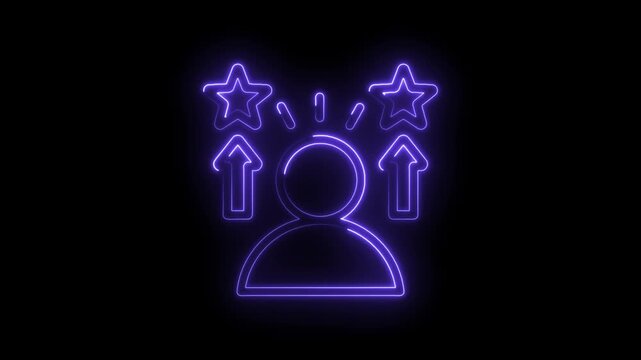 Neon glowing icon of a person with upward arrows and stars symbolizing success achievement growth
