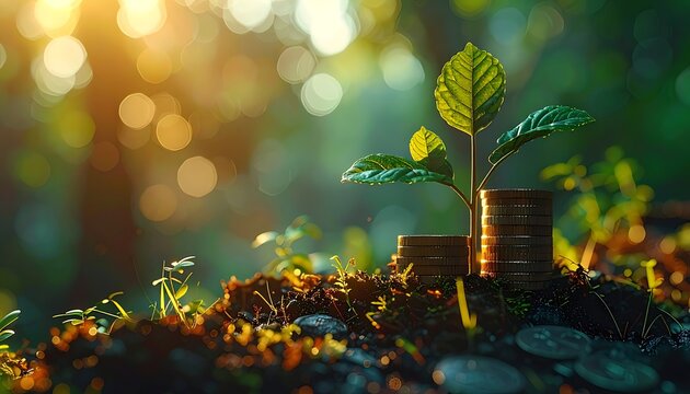 A small green plant grows from stacked coins on forest floor