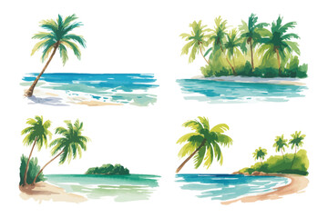 Obraz premium set of Watercolor Tropical Beach Scene, Palm Tree Ocean, Vacation Landscape isolated on white background