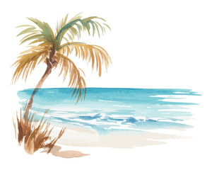 Fototapeta premium Watercolor Tropical Beach Scene, Palm Tree Ocean, Vacation Landscape isolated on white background