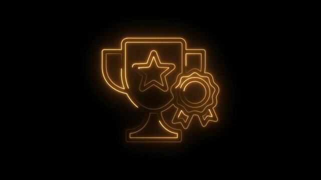 Glowing neon trophy with star and ribbon award symbol on black background abstract icon