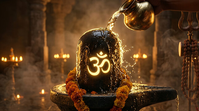 Divine water pouring ritual over sacred glowing om symbol shiva lingam for mahadev worship during holy maha shivratri festival celebration with traditional brass lamp flames