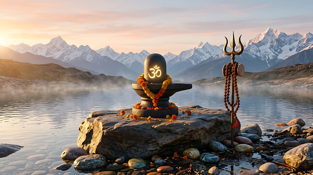 Serene shiva lingam with glowing om symbol on rocky shore of calm river facing majestic snow mountains during golden sunset for maha shivratri mahadev banner