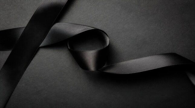 Close up of a black satin ribbon on a dark textured surface.