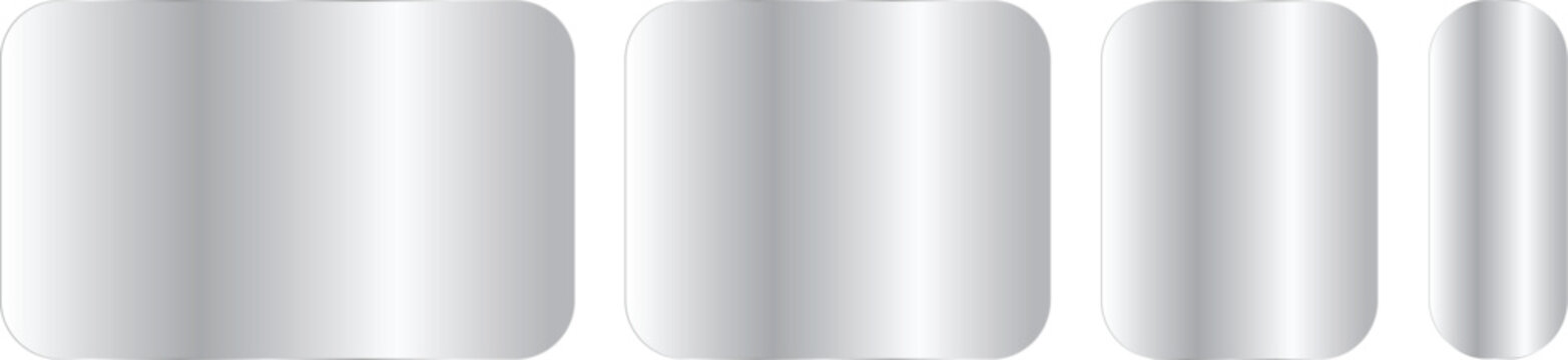 Set of four metallic silver rectangular buttons with rounded corners, glossy chrome texture, blank web interface elements for design