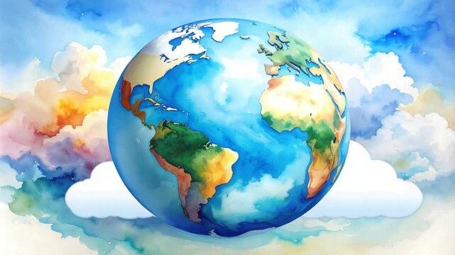 Watercolor globe floating among fluffy clouds in a vibrant, artistic sky