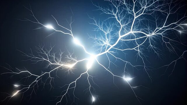 A bright, branching white lightning bolt electrifies a dark blue sky