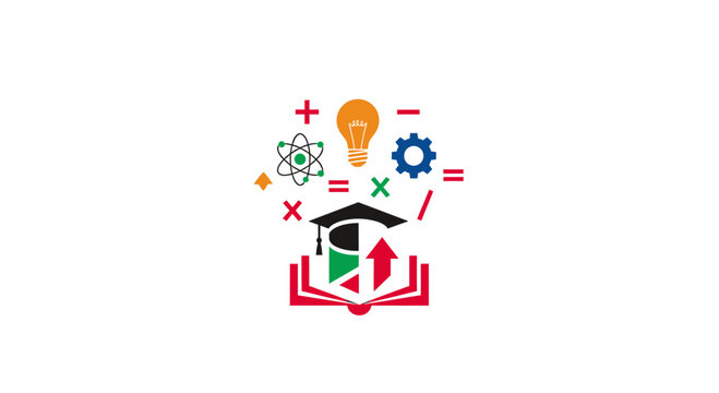 Education book with science and math icons.
